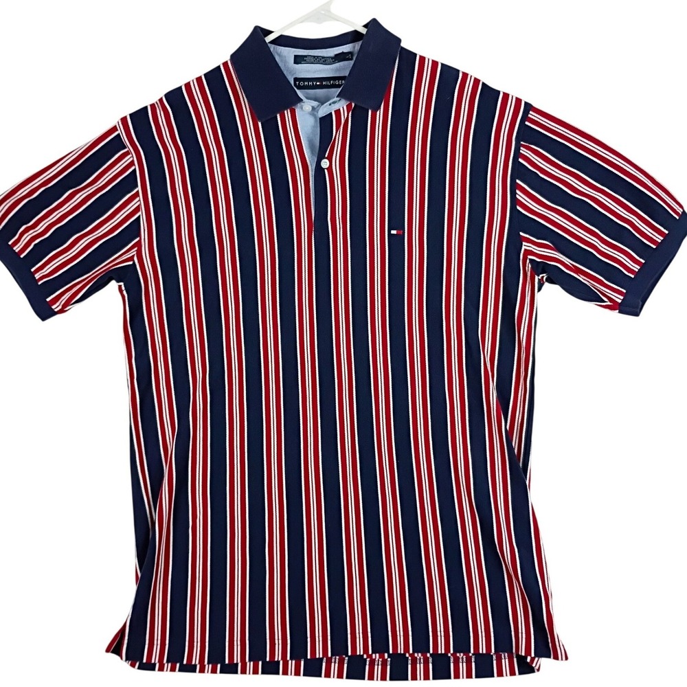 Vintage Tommy Hilfiger Striped Knit Polo Mens Large Red Blue White Y2K Beach